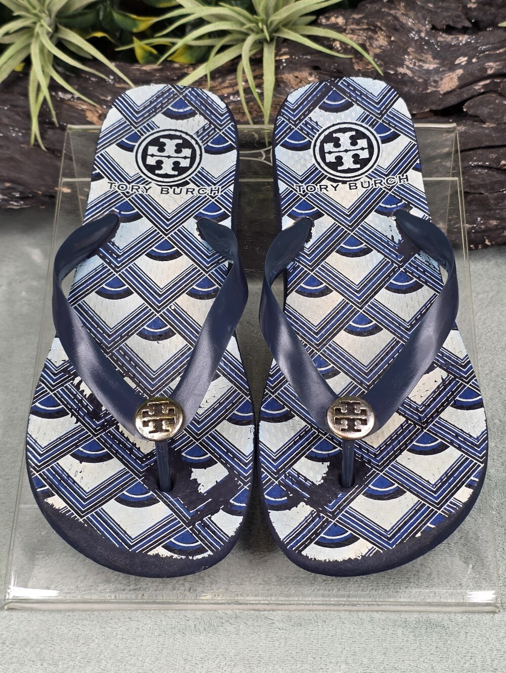 Tory Burch Blue & White Geometric Logo Print Flip Flop Sandals w/ Gold Medallion